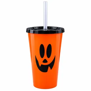 Vaso de Plastico Halloween Cara Fantasmal Naranja con Tapa y Sorbete 400cc