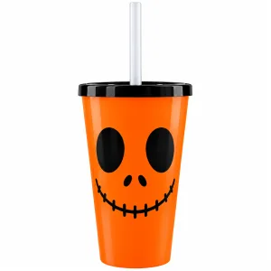 Vaso de Plastico Halloween Jack Naranja con Tapa y Sorbete 400cc