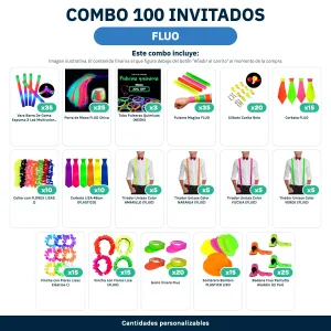 Combo Cotillón 100 Invitados – FLUO (Cantidades Variables) - contenido del combo