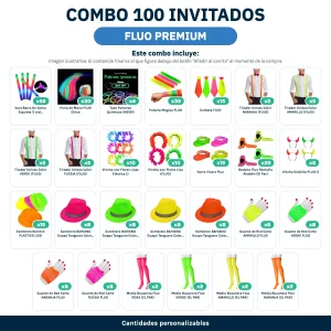 Combo Cotillón 100 Invitados – FLUO (Cantidades Variables – Premium) - contenido del combo