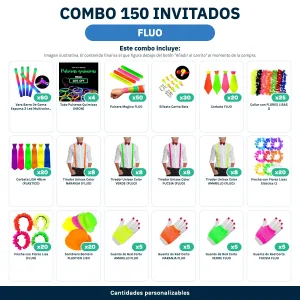 Combo Cotillón 150 Invitados – FLUO (Cantidades Variables) - contenido del combo