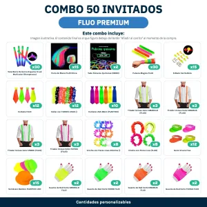 Combo Cotillón 50 Invitados – FLUO (Cantidades Variables – Premium) - contenido del combo