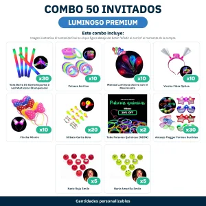 Combo Cotillón 50 Invitados – LUMINOSO (Cantidades Variables – Premium) - contenido del combo