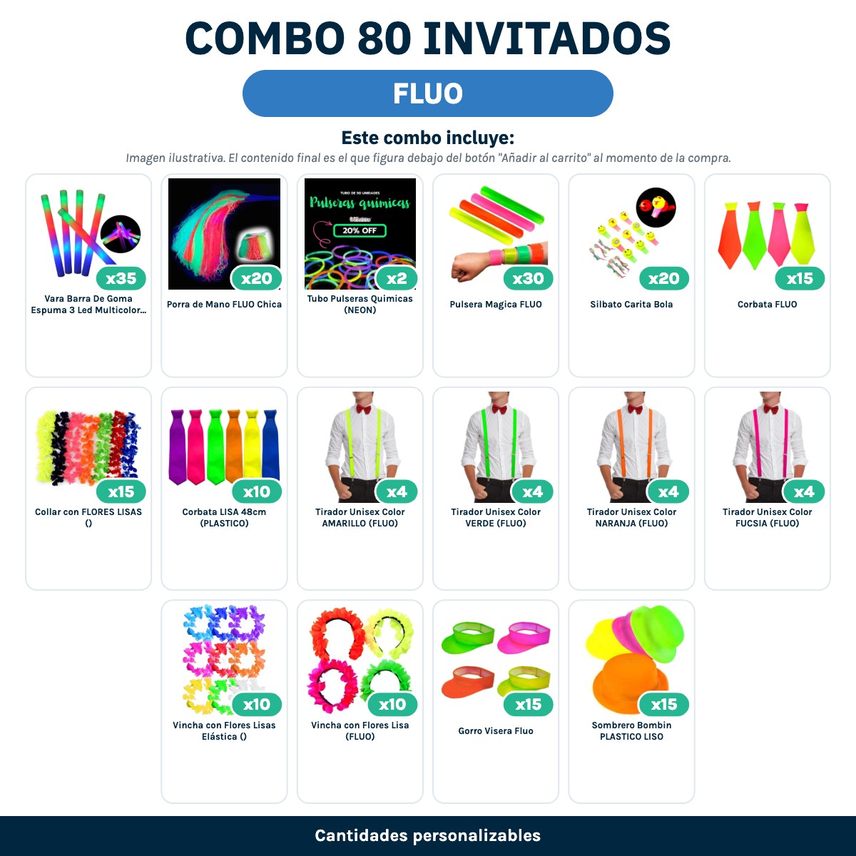 Combo Cotillón 80 Invitados – FLUO (Cantidades Variables) - contenido del combo