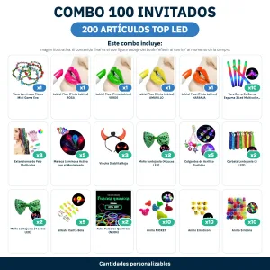 Combo Cotillón para 100 Invitados – 200 Artículos Top LED (Cantidades Variables) - contenido del combo