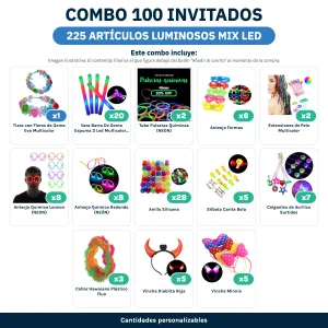 Combo Cotillón para 100 Invitados – 225 Artículos Luminosos MIX LED (Cantidades Variables) - contenido del combo