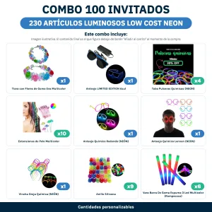 Combo Cotillón para 100 Invitados – 230 Artículos Luminosos Low Cost NEON (Cantidades Variables) - contenido del combo