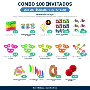 Combo Cotillón para 100 Invitados – 235 Artículos FIESTA FLUO (Cantidades Variables) - contenido del combo