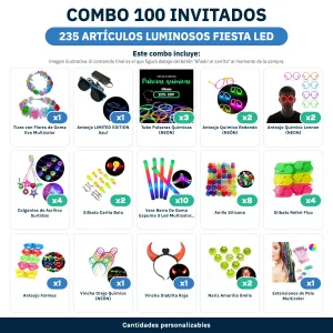 Combo Cotillón para 100 Invitados – 235 Artículos Luminosos FIESTA LED - contenido del combo