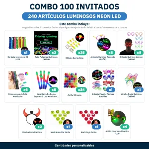 Combo Cotillón para 100 Invitados – 240 Artículos Luminosos NEON LED (Cantidades Variables) - contenido del combo