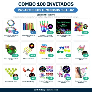 Combo Cotillón para 100 Invitados – 245 Artículos Luminosos FULL LUZ (Cantidades Variables) - contenido del combo
