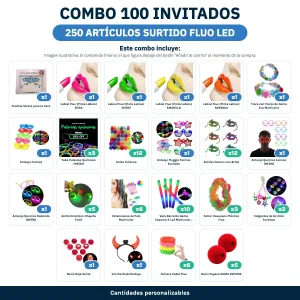 Combo Cotillón para 100 Invitados – 250 Artículos Surtido Fluo LED (Cantidades Variables) - contenido del combo