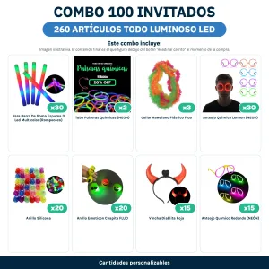 Combo Cotillón para 100 Invitados – 260 Artículos Todo Luminoso LED (Cantidades Variables) - contenido del combo