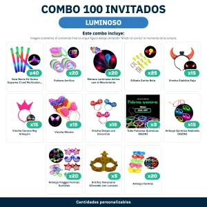 Combo Cotillón para 100 Invitados – LUMINOSO (Cantidades Variables) - contenido del combo