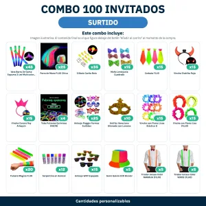 Combo Cotillón para 100 Invitados – SURTIDO (Cantidades Variables) - contenido del combo