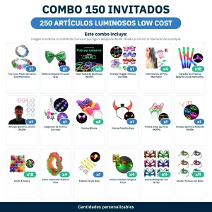 Combo Cotillón para 150 Invitados – 250 Artículos Luminosos LOW COST (Cantidades Variables) - contenido del combo