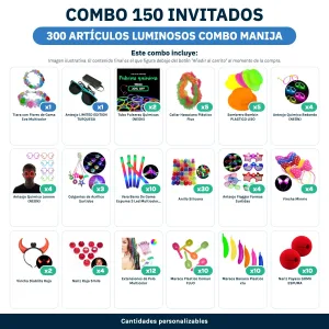 Combo Cotillón para 150 Invitados – 300 Artículos Luminosos Combo Manija (Cantidades Variables) - contenido del combo