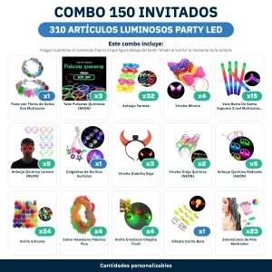 Combo Cotillón para 150 Invitados – 310 Artículos Luminosos PARTY LED (Cantidades Variables) - contenido del combo