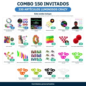 Combo Cotillón para 150 Invitados – 330 Artículos Luminosos CRAZY (Cantidades Variables) - contenido del combo