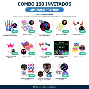 Combo Cotillón para 150 Invitados – LUMINOSO (Cantidades Variables – Premium) - contenido del combo