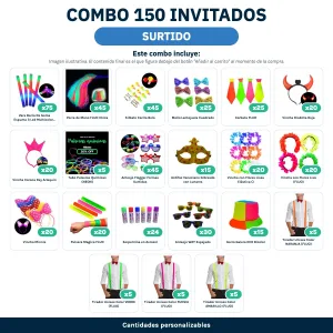 Combo Cotillón para 150 Invitados – SURTIDO (Cantidades Variables) - contenido del combo