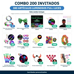 Combo Cotillón para 200 Invitados – 380 Artículos Luminosos FULL LUCES (Cantidades Variables) - contenido del combo