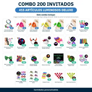 Combo Cotillón para 200 Invitados – 415 Artículos Luminosos DELUXE (Cantidades Variables) - contenido del combo