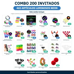 Combo Cotillón para 200 Invitados – 465 Artículos Luminosos NEON (Cantidades Variables) - contenido del combo