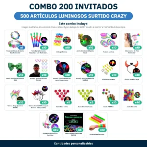 Combo Cotillón para 200 Invitados – 500 Artículos Luminosos SURTIDO CRAZY (Cantidades Variables) - contenido del combo