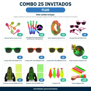 Combo Cotillón para 25 Invitados – FLUO (Cantidades Variables) - contenido del combo