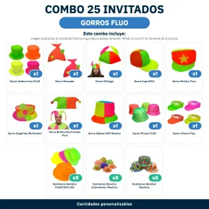 Combo Cotillón para 25 Invitados – GORROS FLUO (Cantidades Variables) - contenido del combo