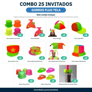 Combo Cotillón para 25 Invitados – GORROS FLUO TELA (Cantidades Variables) - contenido del combo
