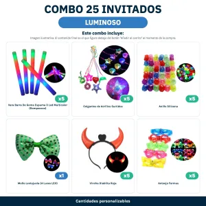 Combo Cotillón para 25 Invitados – LUMINOSO (Cantidades Variables) - contenido del combo