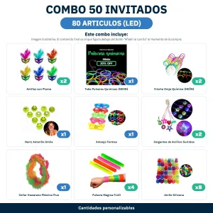 Combo Cotillón para 50 Invitados – 80 ARTICULOS (LED) (Cantidades Variables) - contenido del combo