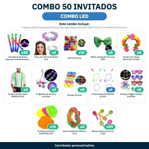 Combo Cotillón para 50 Invitados – Combo Led – Neon – Fluo (Cantidades Variables) - contenido del combo