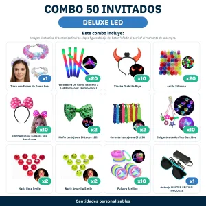 Combo Cotillón para 50 Invitados – DELUXE LED (Cantidades Variables) - contenido del combo