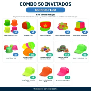 Combo Cotillón para 50 Invitados – GORROS FLUO (Cantidades Variables) - contenido del combo