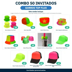 Combo Cotillón para 50 Invitados – GORROS TOP FLUO (Cantidades Variables) - contenido del combo