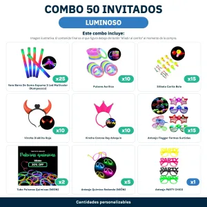 Combo Cotillón para 50 Invitados – LUMINOSO (Cantidades Variables) - contenido del combo