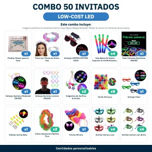 Combo Cotillón para 50 Invitados – Low-Cost LED (Cantidades Variables) - contenido del combo