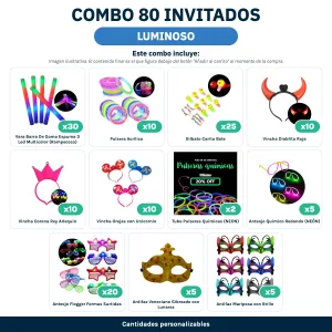 Combo Cotillón para 80 Invitados – LUMINOSO (Cantidades Variables) - contenido del combo