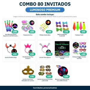 Combo Cotillón para 80 Invitados – LUMINOSO (Cantidades Variables – Premium) - contenido del combo