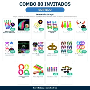 Combo Cotillón para 80 Invitados – SURTIDO (Cantidades Variables) - contenido del combo