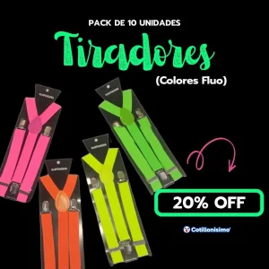 Pack x10 Tiradores Unisex Colores Fluo 20% OFF Cotillonisimo