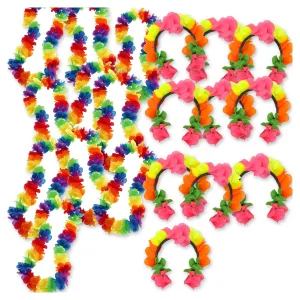 Kit Hawaiano 10 Collares 10 Vinchas con Flores Multicolor