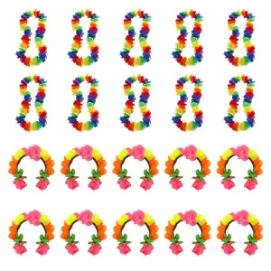 Kit Hawaiano 10 Collares 10 Vinchas con Flores Multicolor