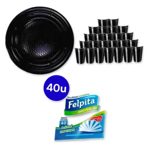 Kit Descartable 24 Personas Platos Vasos Negros Servilletas