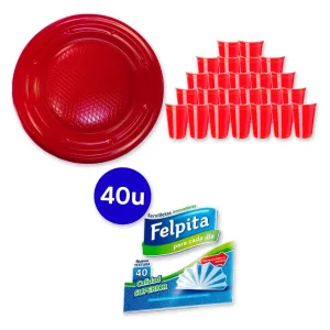 Kit Descartable 24 Personas Platos Vasos Rojos Servilletas