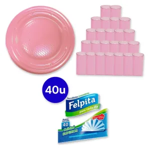 Kit Descartable 24 Personas Platos Rosa Vasos Acrílico