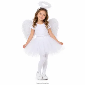 Kit Disfraz Angelita Infantil Alas con Plumas Vincha Aura y Tutú Blanco
